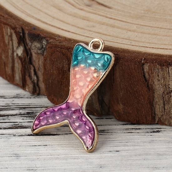 Picture of Zinc Based Alloy Mermaid Fish/ Dragon Scale Charms Gold Plated Purple Enamel 27mm(1 1/8") x 19mm( 6/8"), 10 PCs