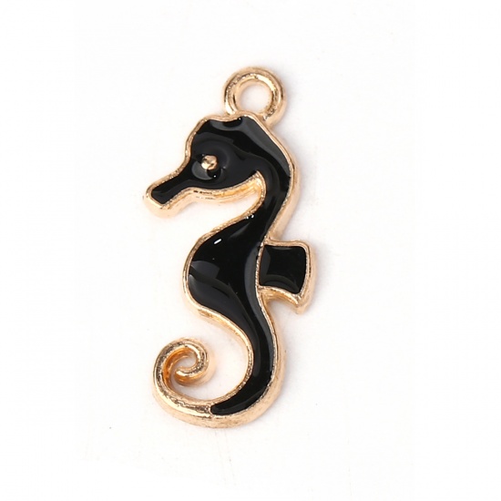 Picture of Zinc Based Alloy Ocean Jewelry Charms Seahorse Animal Gold Plated Black Enamel 22mm( 7/8") x 10mm( 3/8"), 30 PCs
