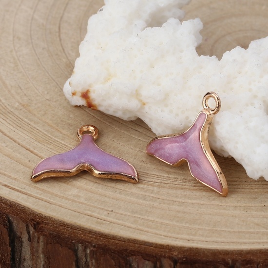 Picture of Zinc Based Alloy Charms Whale Tail Gold Plated Purple Enamel 18mm( 6/8") x 15mm( 5/8"), 20 PCs