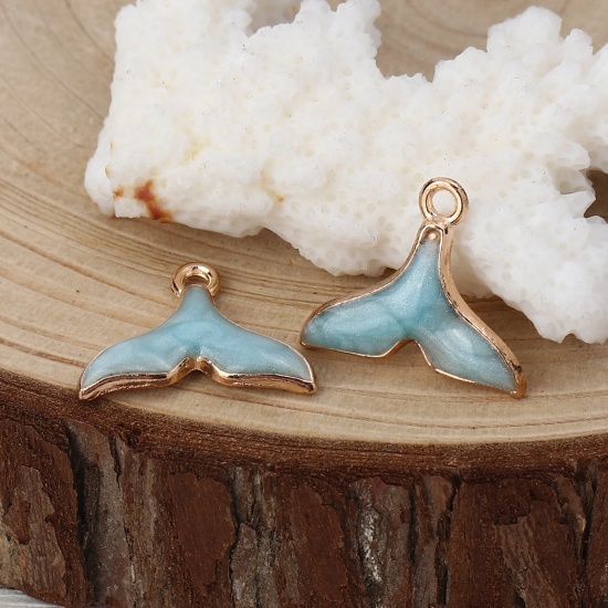 Picture of Zinc Based Alloy Charms Whale Tail Gold Plated Blue Enamel 18mm( 6/8") x 15mm( 5/8"), 20 PCs