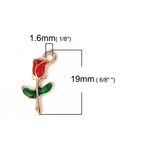 Picture of Zinc Based Alloy Charms Rose Flower Gold Plated Red & Green Enamel 19mm( 6/8") x 10mm( 3/8"), 30 PCs