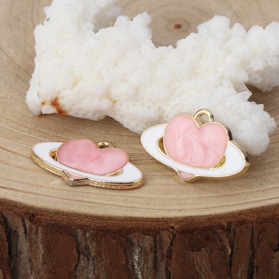 Picture of Zinc Based Alloy Galaxy Charms Planet Gold Plated Pink Heart Enamel 21mm( 7/8") x 13mm( 4/8"), 20 PCs