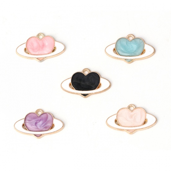 Picture of Zinc Based Alloy Galaxy Charms Planet Gold Plated Pink Heart Enamel 21mm( 7/8") x 13mm( 4/8"), 20 PCs