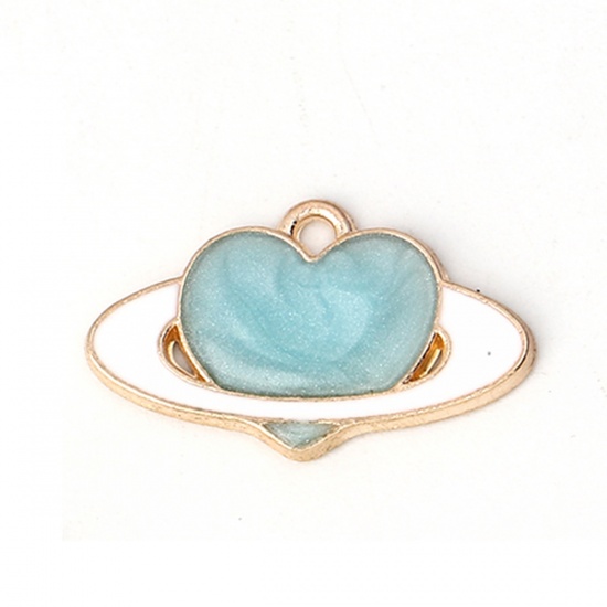 Picture of Zinc Based Alloy Galaxy Charms Planet Gold Plated Blue Heart Enamel 21mm( 7/8") x 13mm( 4/8"), 20 PCs