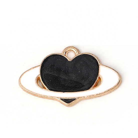 Picture of Zinc Based Alloy Galaxy Charms Planet Gold Plated Black Heart Enamel 21mm( 7/8") x 13mm( 4/8"), 20 PCs