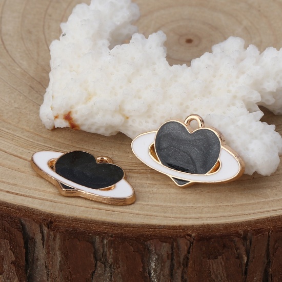 Picture of Zinc Based Alloy Galaxy Charms Planet Gold Plated Black Heart Enamel 21mm( 7/8") x 13mm( 4/8"), 20 PCs