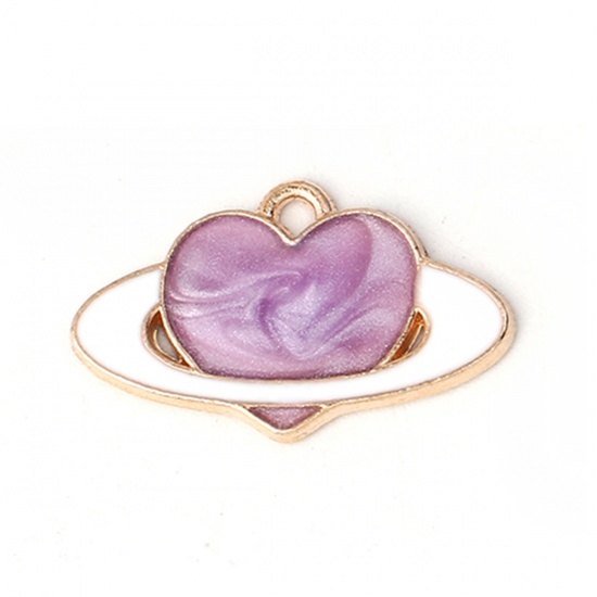 Picture of Zinc Based Alloy Galaxy Charms Planet Gold Plated Purple Heart Enamel 21mm( 7/8") x 13mm( 4/8"), 20 PCs