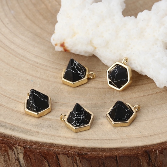 Picture of Brass Charms Taper 18K Real Gold Plated Black Imitation Turquoise Faceted 10mm( 3/8") x 9mm( 3/8"), 2 PCs