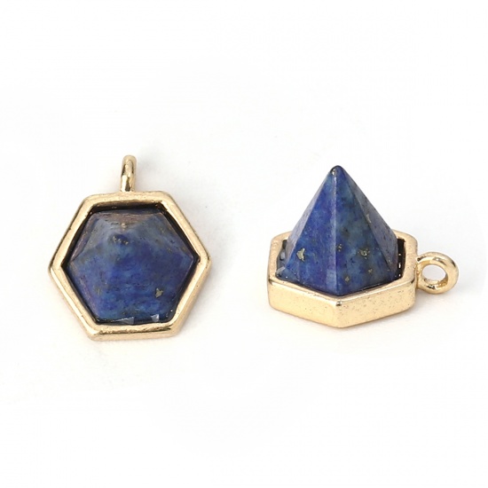 Picture of Brass Charms Taper 18K Real Gold Plated Deep Blue Imitation Lapis Lazuli Faceted 10mm( 3/8") x 9mm( 3/8"), 2 PCs                                                                                                                                              