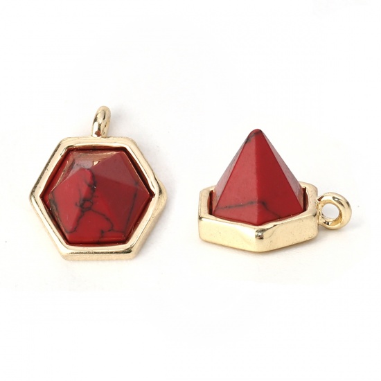 Picture of Brass Charms Taper 18K Real Gold Plated Red Imitation Turquoise Faceted 10mm( 3/8") x 9mm( 3/8"), 2 PCs