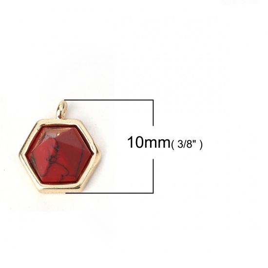Picture of Brass Charms Taper 18K Real Gold Plated Red Imitation Turquoise Faceted 10mm( 3/8") x 9mm( 3/8"), 2 PCs