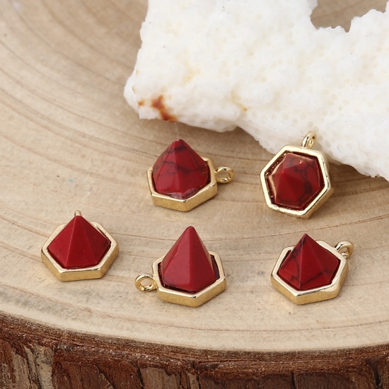 Picture of Brass Charms Taper 18K Real Gold Plated Red Imitation Turquoise Faceted 10mm( 3/8") x 9mm( 3/8"), 2 PCs