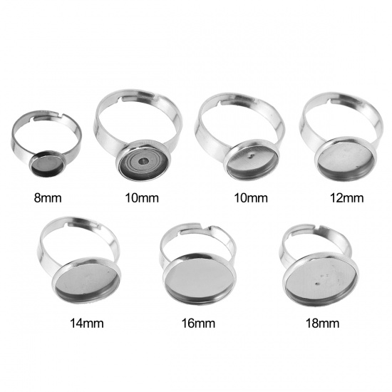 Picture of 304 Stainless Steel Adjustable Rings Silver Tone Round Cabochon Settings (Fits 10mm Dia.) 16.7mm( 5/8")(US size 6.25), 5 PCs
