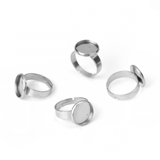 Picture of 304 Stainless Steel Adjustable Rings Silver Tone Round Cabochon Settings (Fits 12mm Dia.) 16.7mm( 5/8")(US size 6.25), 5 PCs