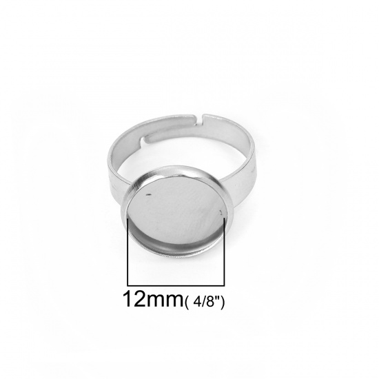 Picture of 304 Stainless Steel Adjustable Rings Silver Tone Round Cabochon Settings (Fits 12mm Dia.) 16.7mm( 5/8")(US size 6.25), 5 PCs