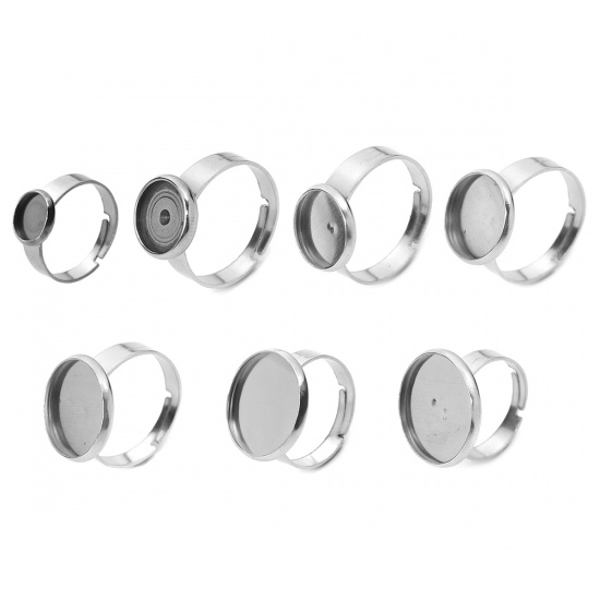 Picture of 304 Stainless Steel Adjustable Rings Silver Tone Round Cabochon Settings (Fits 14mm Dia.) 16.7mm( 5/8")(US size 6.25), 5 PCs