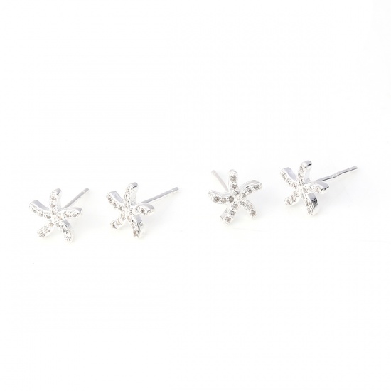 Picture of Sterling Silver Ocean Jewelry Ear Post Stud Earrings Silver Star Fish Clear Rhinestone 8mm x 8mm, Post/ Wire Size: (21 gauge), 1 Pair