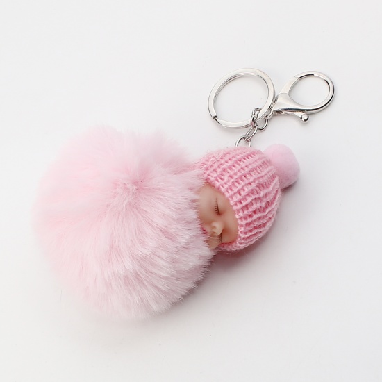 Picture of Plush Keychain & Keyring Pom Pom Ball Silver Tone Pink Doll 16cm x 8cm, 1 Piece