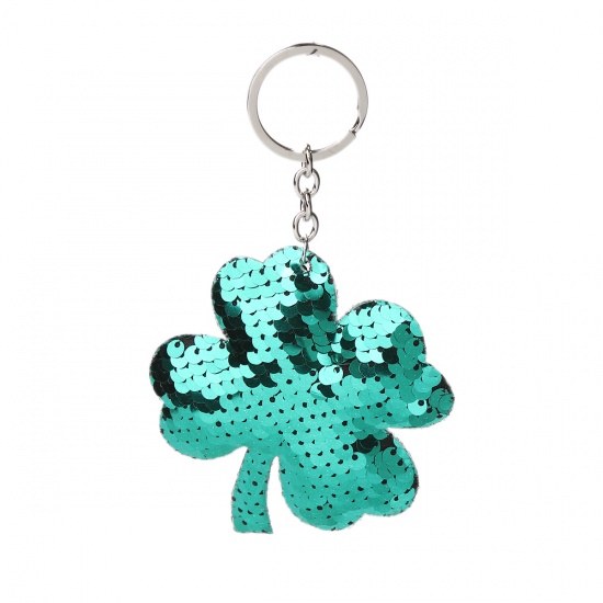 Bild von PVC Paillette Schlüsselkette & Schlüsselring Vierblättriges Kleeblatt Silberfarbe Grün 15cm x 8cm, 1 Stück