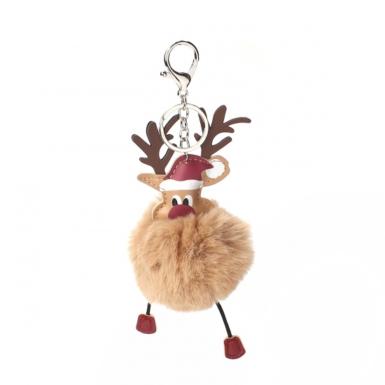 Picture of Plush Keychain & Keyring Pom Pom Ball Silver Tone Khaki Christmas Santa Claus 19cm x 8cm, 1 Piece