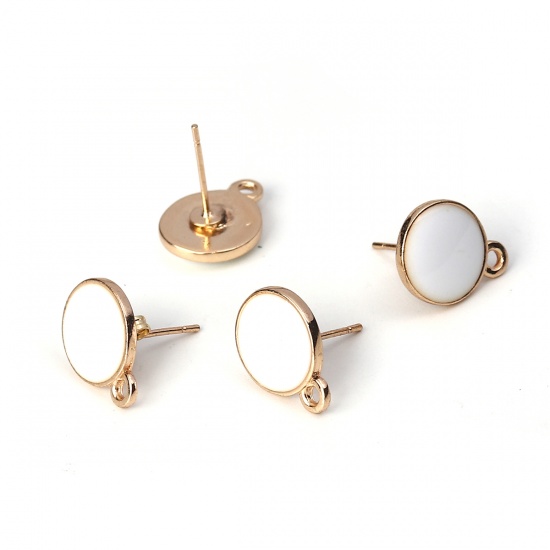 Picture of Zinc Based Alloy Ear Post Stud Earrings Findings Round Gold Plated White W/ Loop 14mm x 10mm, Post/ Wire Size: (20 gauge), 10 PCs