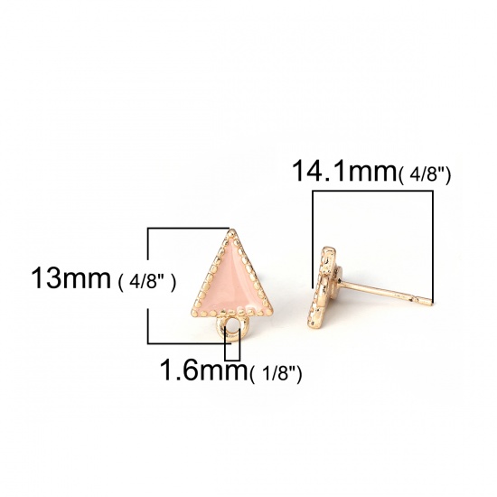 Bild von Zinklegierung Ohrring Ohrstecker Zubehör Dreieck Vergoldet Rosa M/Öse Emaille 13mm x 10mm, Drahtstärke: (21 gauge), 10 Stück