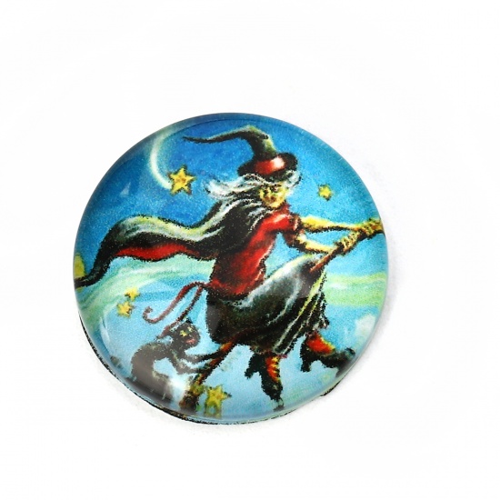 Picture of Glass Halloween Dome Seals Cabochon Round Flatback Blue Halloween Witch Pattern 20mm( 6/8") Dia, 30 PCs