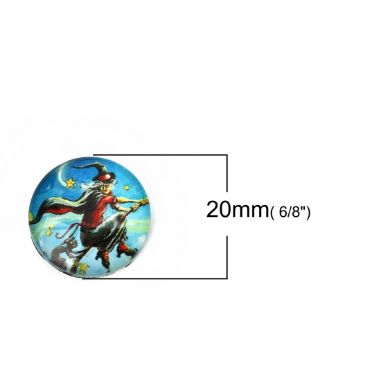 Picture of Glass Halloween Dome Seals Cabochon Round Flatback Blue Halloween Witch Pattern 20mm( 6/8") Dia, 30 PCs