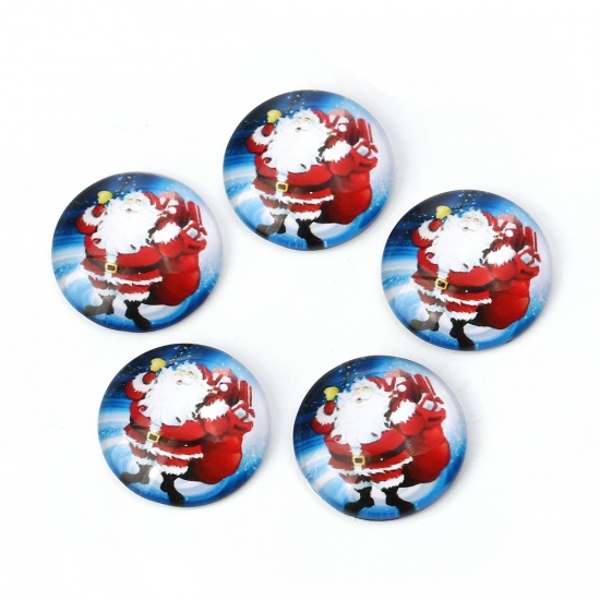 Picture of Glass Dome Seals Cabochon Round Flatback Red & Blue Christmas Santa Claus Pattern 20mm( 6/8") Dia, 30 PCs