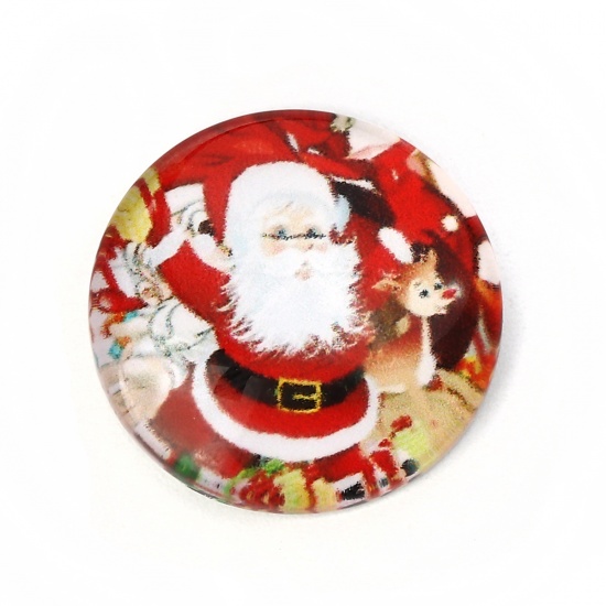 Picture of Glass Dome Seals Cabochon Round Flatback White & Red Christmas Santa Claus Pattern 20mm( 6/8") Dia, 30 PCs