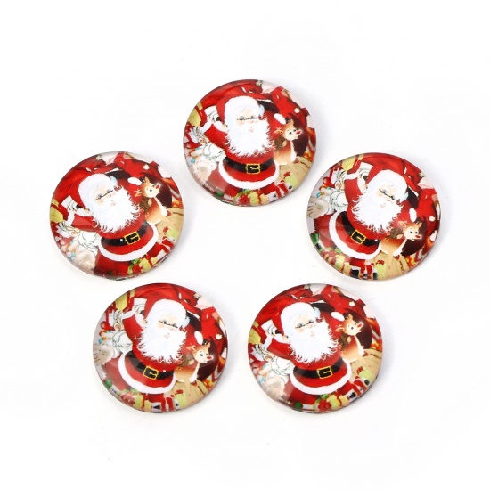 Immagine di Vetro Cupola Dome Seals Cabochon Tondo Flatback Bianco & Rosso Babbo Natale Disegno 20mm Dia, 30 Pz