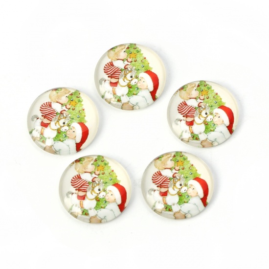 Immagine di Vetro Cupola Dome Seals Cabochon Tondo Flatback Bianco & Verde Albero di Natale Disegno 20mm Dia, 30 Pz