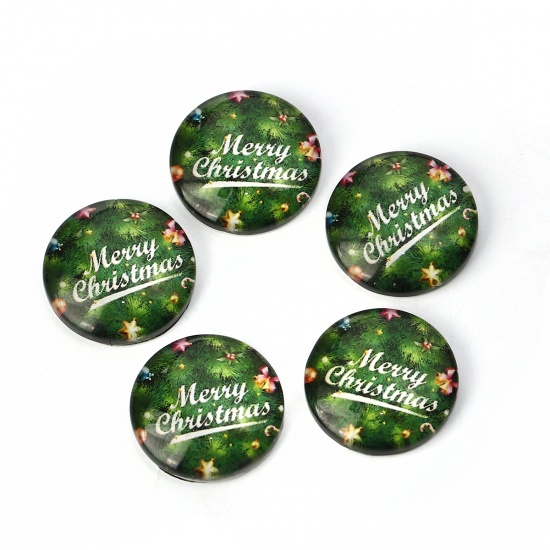 Immagine di Vetro Cupola Dome Seals Cabochon Tondo Flatback Verde Lettere Disegno " Merry Christmas " 20mm Dia, 30 Pz