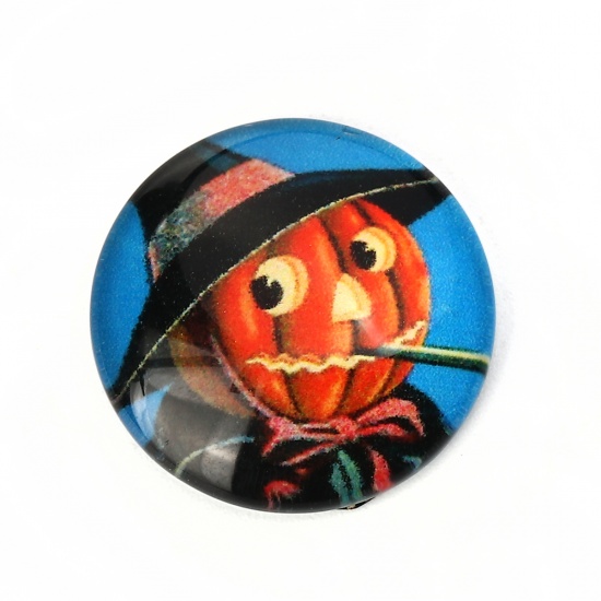 Picture of Glass Dome Seals Cabochon Round Flatback Orange-red Halloween Pumpkin Man Pattern 20mm( 6/8") Dia, 30 PCs