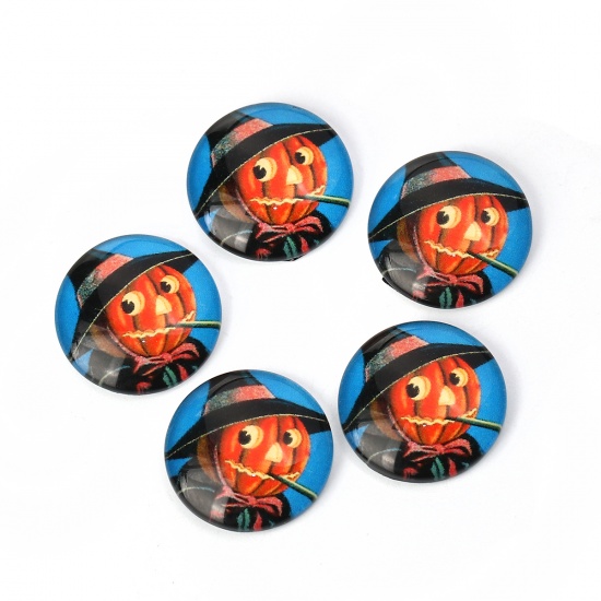 Immagine di Vetro Cupola Dome Seals Cabochon Tondo Flatback Rosso Arancione Halloween Zucca Uomo Disegno 20mm Dia, 30 Pz