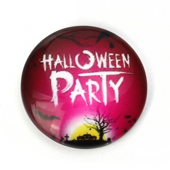 Immagine di Vetro Cupola Dome Seals Cabochon Tondo Flatback Colore Fuscia Lettere Disegno " Halloween " 20mm Dia, 30 Pz