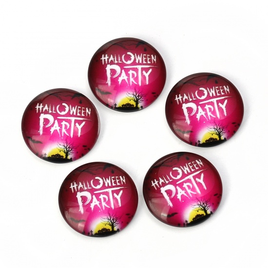 Immagine di Vetro Cupola Dome Seals Cabochon Tondo Flatback Colore Fuscia Lettere Disegno " Halloween " 20mm Dia, 30 Pz