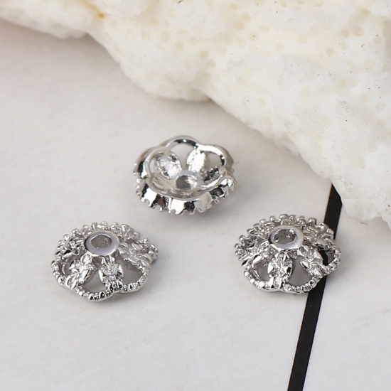Immagine di Ottone Coppette Copriperla Fiore Vero Platino Placcato ( Adatto Perline: 8mm Dia.) 7mm x 7mm, 10 Pz