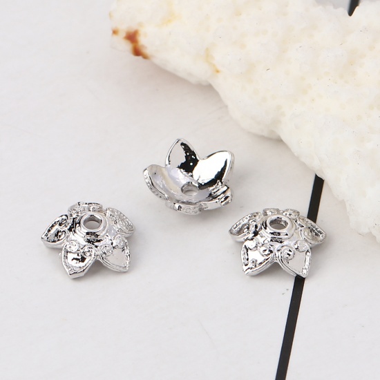 Picture of Brass Beads Caps Flower Real Platinum Plated (Fit Beads Size: 10mm Dia.) 10mm( 3/8") x 10mm( 3/8"), 10 PCs