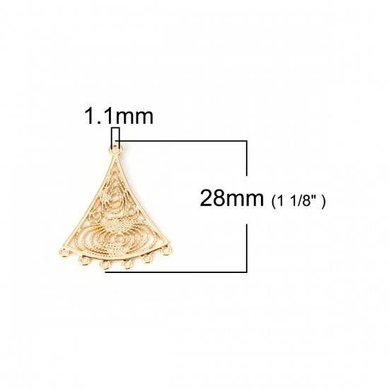 Picture of Brass Chandelier Connectors Fan-shaped 18K Real Gold Plated Filigree 28mm(1 1/8") x 24mm(1"), 3 PCs