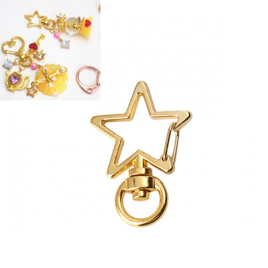 Picture of Zinc Based Alloy Keychain & Keyring Pentagram Star Gold Plated 35mm x 24mm, 5 PCs