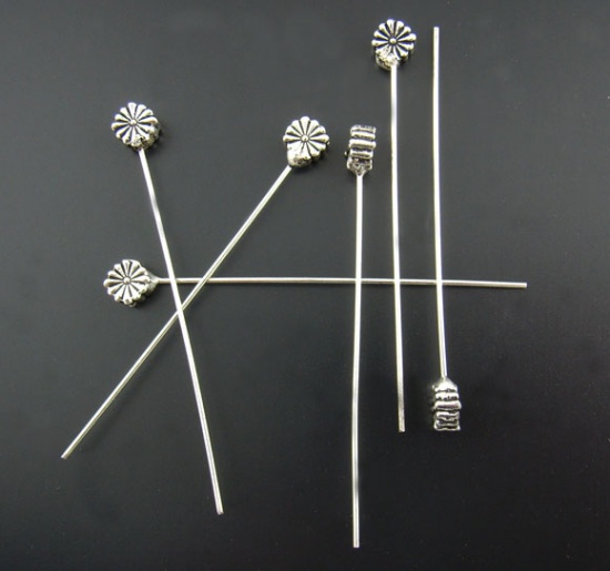 Picture of Zinc Based Alloy Head Pins Antique Silver Color 5.5cm(2 1/8") long, 0.8mm (20 gauge), 30 PCs