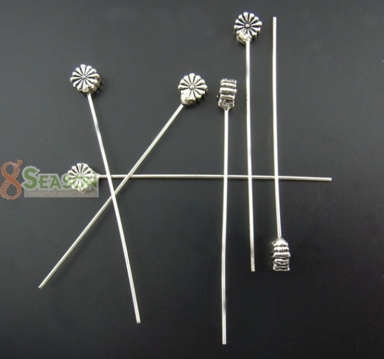 Picture of Zinc Based Alloy Head Pins Antique Silver Color 5.5cm(2 1/8") long, 0.8mm (20 gauge), 30 PCs