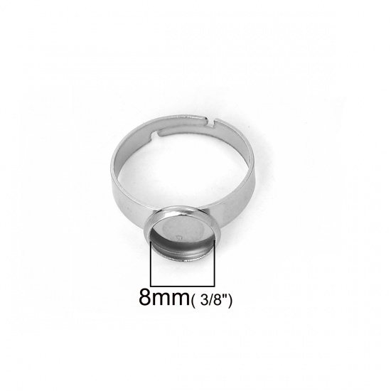 Immagine di 304 Acciaio Inossidabile Aperto Anello Tono Argento Tondo Basi per Cabochon (Adatto 8mm) 16.9mm (taglia di US: 6.5), 5 Pz