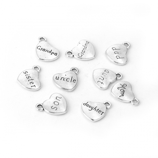 Picture of Zinc Based Alloy Family Jewelry Charms Heart Antique Silver Mixed Message 18mm( 6/8") x 14mm( 4/8"), 1 Set ( 9 PCs/Set)