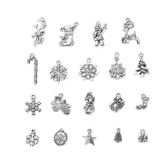 Picture of Zinc Based Alloy Charms Christmas Snowflake Antique Silver Mixed Boots 27mm x11mm(1 1/8" x 3/8") - 12mm x7mm( 4/8" x 2/8"), 1 Set ( 19 PCs/Set)