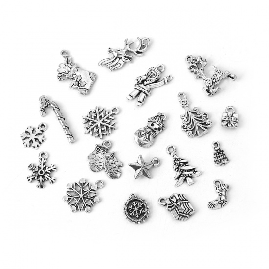 Picture of Zinc Based Alloy Charms Christmas Snowflake Antique Silver Mixed Boots 27mm x11mm(1 1/8" x 3/8") - 12mm x7mm( 4/8" x 2/8"), 1 Set ( 19 PCs/Set)