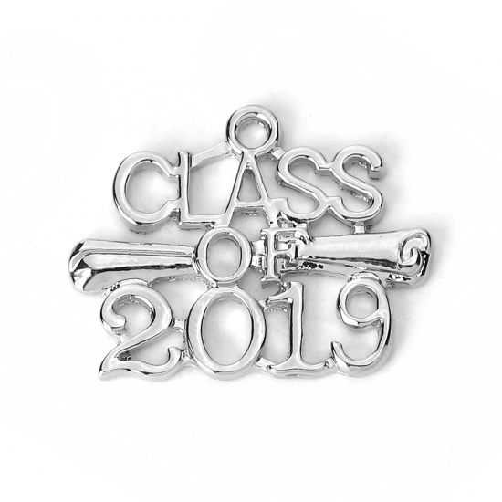 Image de Breloques Bijoux d'Ecole en Alliage de Zinc Chiffre Argent Mat Gravé Mots " CLASS OF 2019 " 26mm x 20mm, 5 Pcs