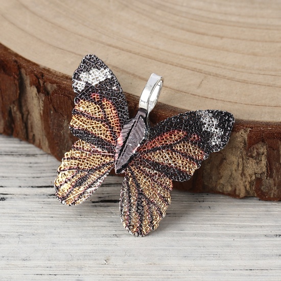 Picture of Brass Pendants Butterfly Animal Silver Plated Orange 31mm x28mm(1 2/8" x1 1/8") - 30mm x26mm(1 1/8" x1"), 2 PCs                                                                                                                                               