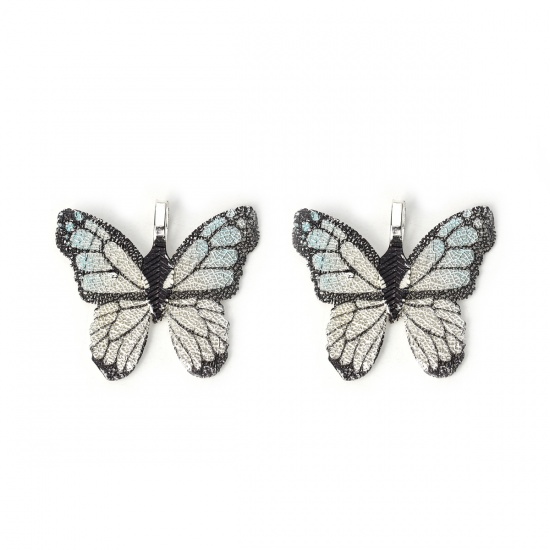 Picture of Brass Pendants Butterfly Animal Silver Plated Light Blue 31mm x28mm(1 2/8" x1 1/8") - 30mm x26mm(1 1/8" x1"), 2 PCs                                                                                                                                           